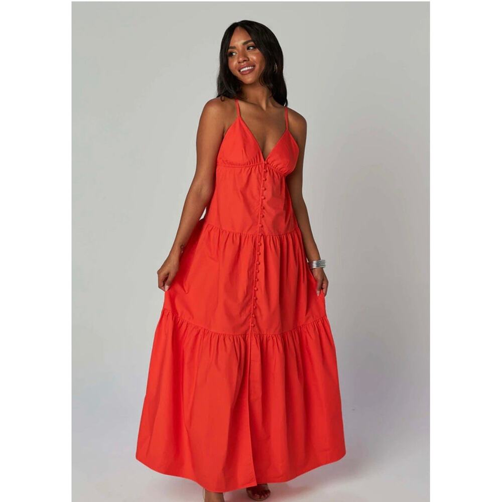 Buddy Love NEW Kenna Tiered Maxi Dress In Tangerine Orange Size M Button Summer